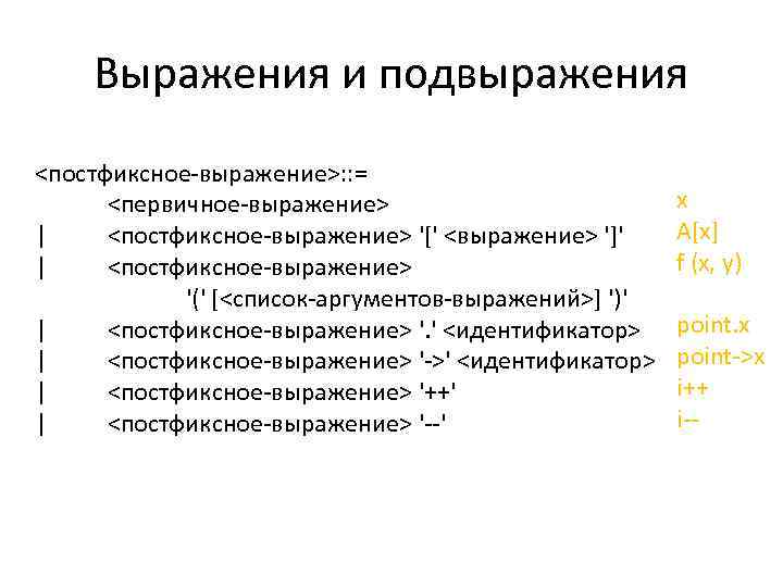 Выражения и подвыражения <постфиксное-выражение>: : = <первичное-выражение> | <постфиксное-выражение> '[' <выражение> ']' | <постфиксное-выражение>