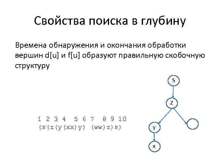 Свойства поиска в глубину Времена обнаружения и окончания обработки вершин d[u] и f[u] образуют