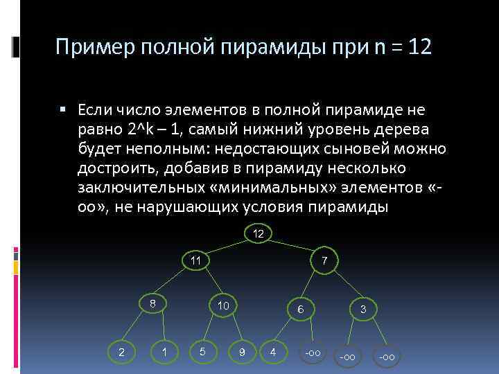 Пример полной пирамиды при n = 12 Если число элементов в полной пирамиде не