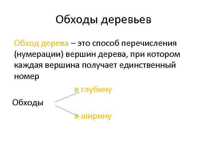 Обходы деревьев Обход дерева – это способ перечисления (нумерации) вершин дерева, при котором каждая