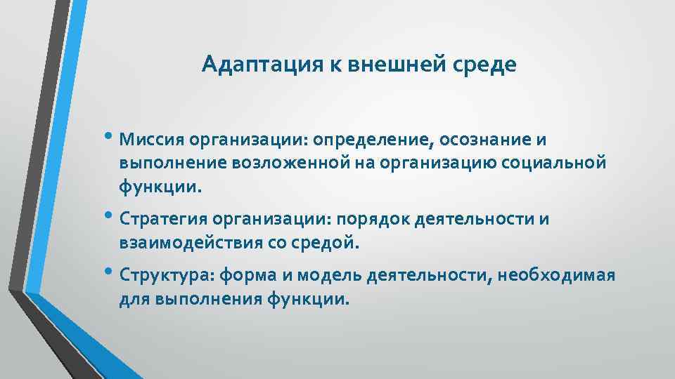 Адаптация к внешней среде • Миссия организации: определение, осознание и выполнение возложенной на организацию