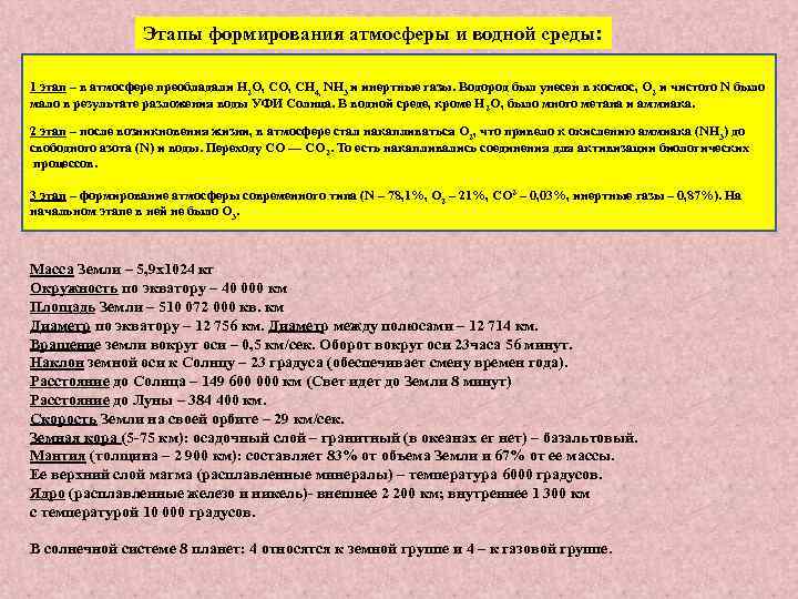 Этапы формирования атмосферы и водной среды: 1 этап – в атмосфере преобладали Н 2