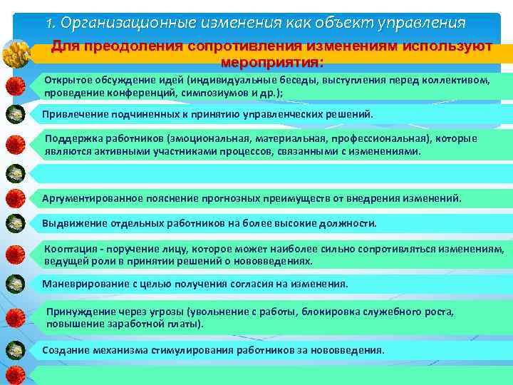 1. Организационные изменения как объект управления Для преодоления сопротивления изменениям используют мероприятия: Открытое обсуждение