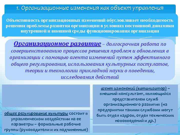 1. Организационные изменения как объект управления Объективность организационных изменений обусловливает необходимость решения проблемы развития