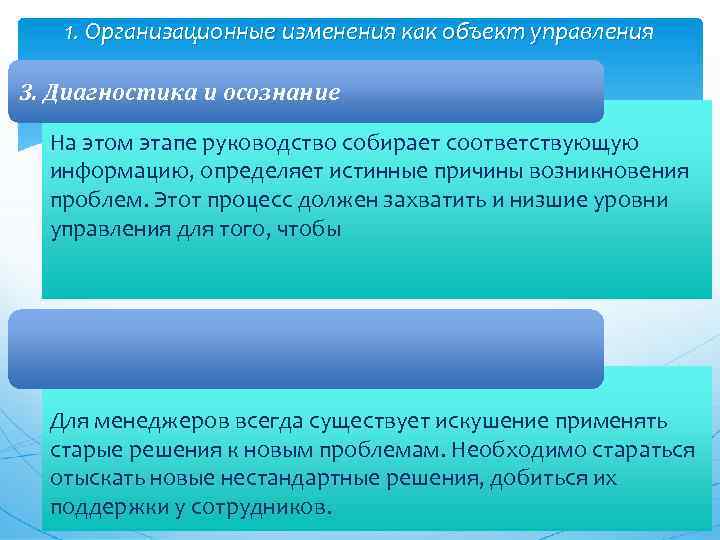 1. Организационные изменения как объект управления 3. Диагностика и осознание На этом этапе руководство