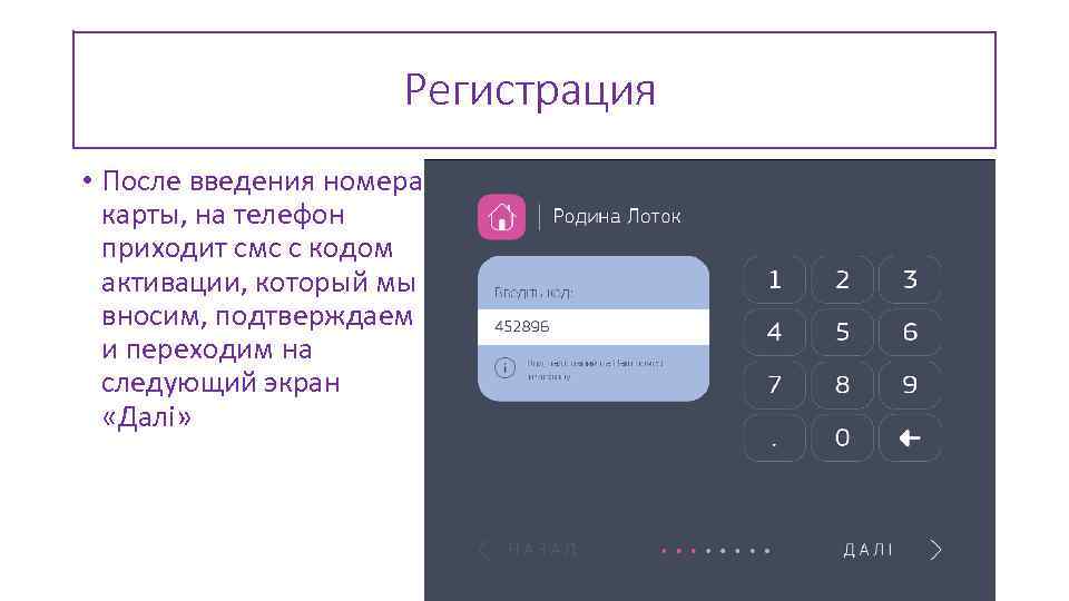 Регистрация • После введения номера карты, на телефон приходит смс с кодом активации, который