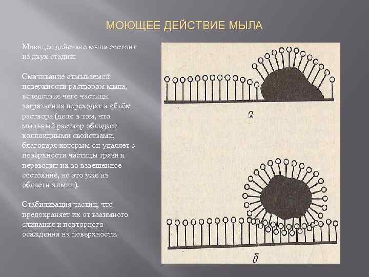 МОЮЩЕЕ ДЕЙСТВИЕ МЫЛА Моющее действие мыла состоит из двух стадий: Смачивание отмываемой поверхности раствором