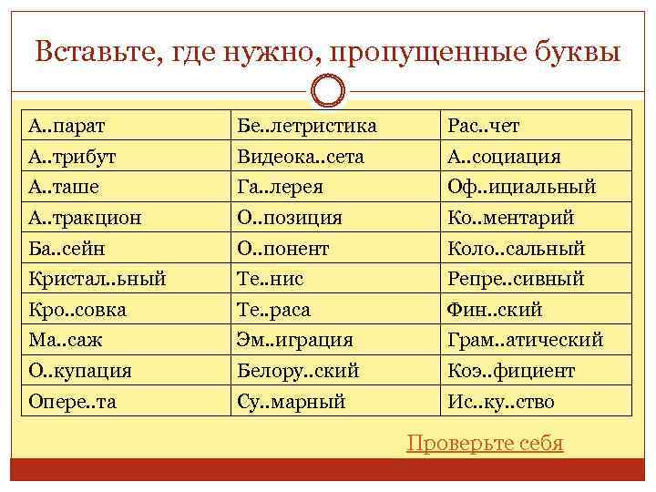 Вставьте, где нужно, пропущенные буквы А. . парат Бе. . летристика Рас. . чет