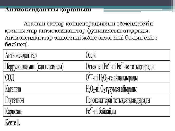 Антиоксидантты қорғаныш Аталған заттар концентрациясын төмендететін қосылыстар антиоксиданттар функциясын атқарады. Антиоксиданттар эндогенді және экзогенді
