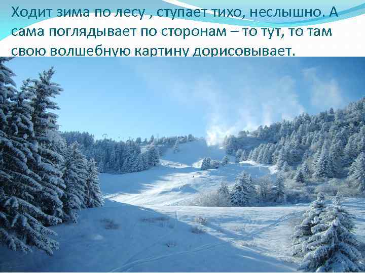 Ходит зима по лесу , ступает тихо, неслышно. А сама поглядывает по сторонам –