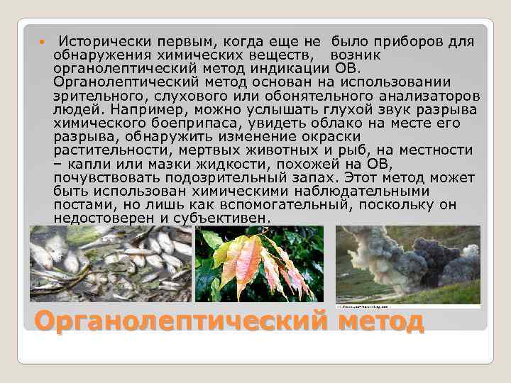  Исторически первым, когда еще не было приборов для обнаружения химических веществ, возник органолептический