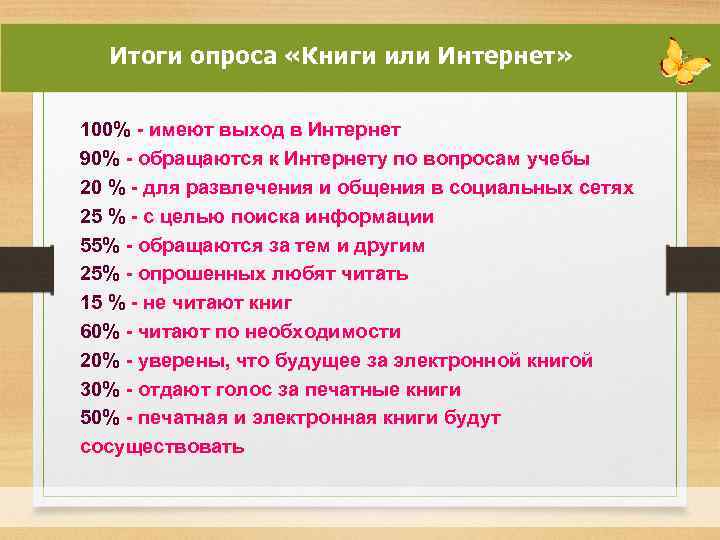 Итоги опроса «Книги или Интернет» 100% - имеют выход в Интернет 90% - обращаются