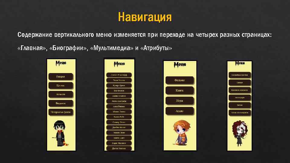 Навигация Содержание вертикального меню изменяется при переходе на четырех разных страницах: «Главная» , «Биографии»