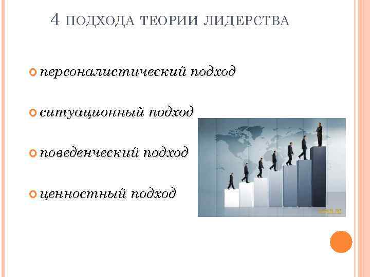 4 ПОДХОДА ТЕОРИИ ЛИДЕРСТВА персоналистический ситуационный поведенческий ценностный подход 