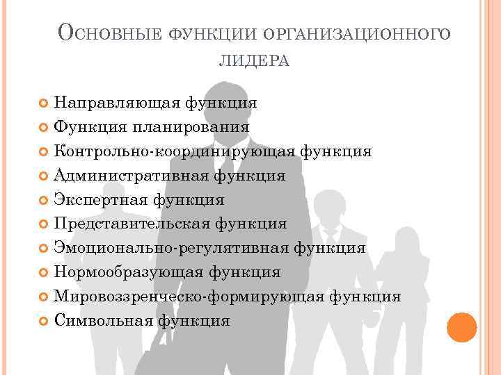 ОСНОВНЫЕ ФУНКЦИИ ОРГАНИЗАЦИОННОГО ЛИДЕРА Направляющая функция Функция планирования Контрольно координирующая функция Административная функция Экспертная