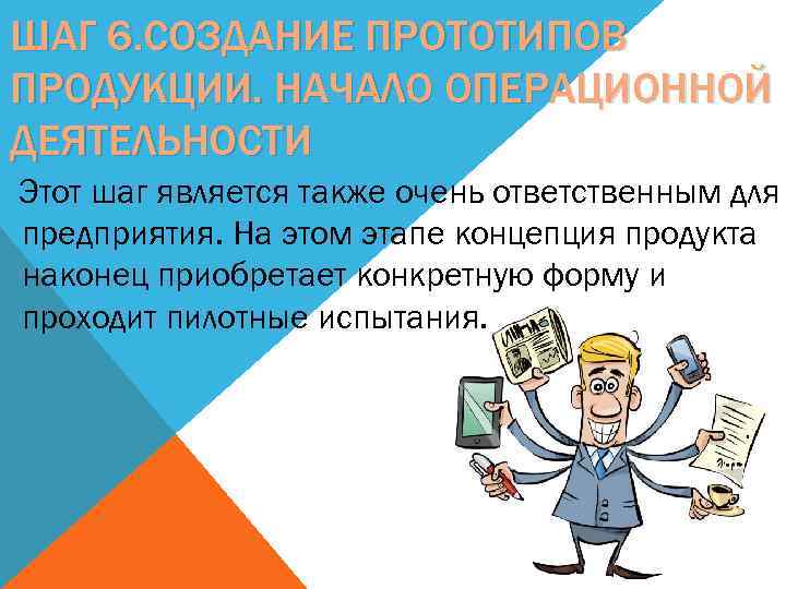 ШАГ 6. СОЗДАНИЕ ПРОТОТИПОВ ПРОДУКЦИИ. НАЧАЛО ОПЕРАЦИОННОЙ ДЕЯТЕЛЬНОСТИ Этот шаг является также очень ответственным