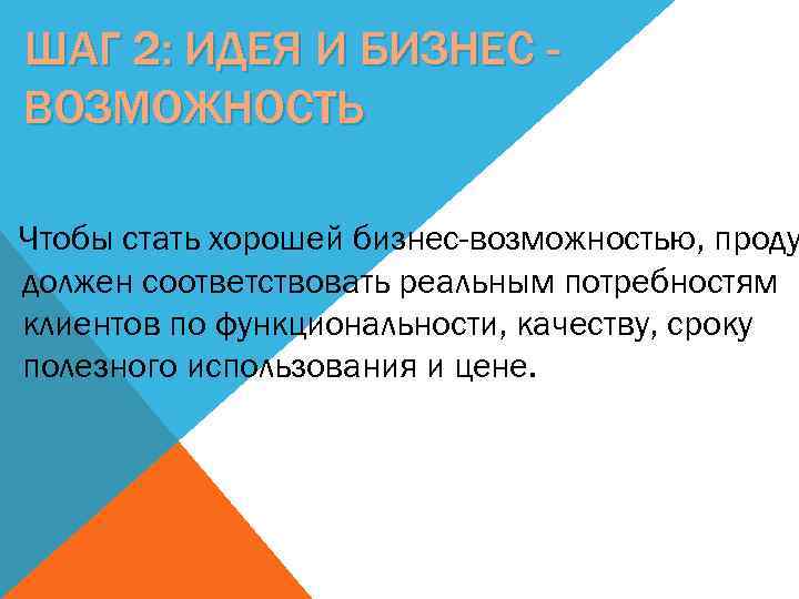 ШАГ 2: ИДЕЯ И БИЗНЕС ВОЗМОЖНОСТЬ Чтобы стать хорошей бизнес-возможностью, проду должен соответствовать реальным