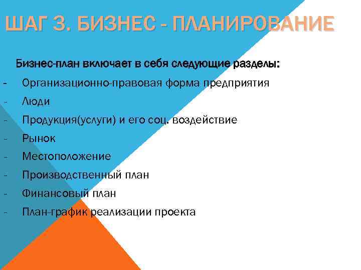 ШАГ 3. БИЗНЕС - ПЛАНИРОВАНИЕ Бизнес-план включает в себя следующие разделы: - Организационно-правовая форма