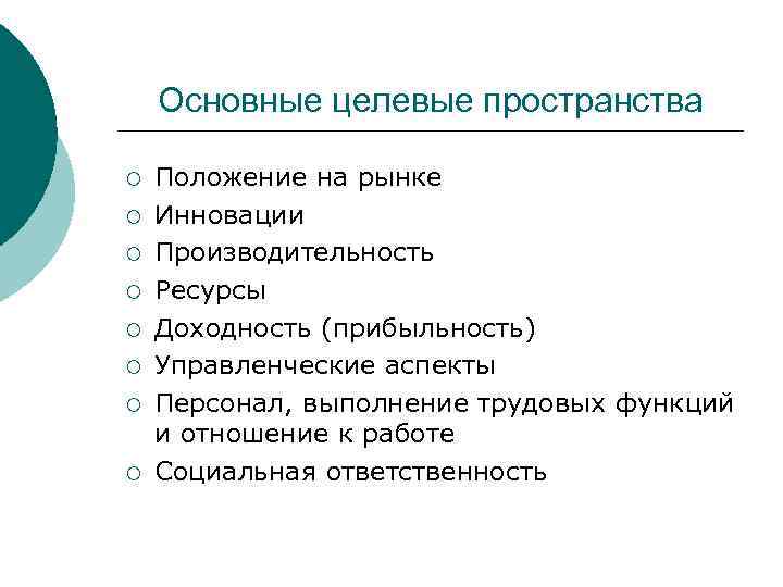 Основные целевые пространства ¡ ¡ ¡ ¡ Положение на рынке Инновации Производительность Ресурсы Доходность