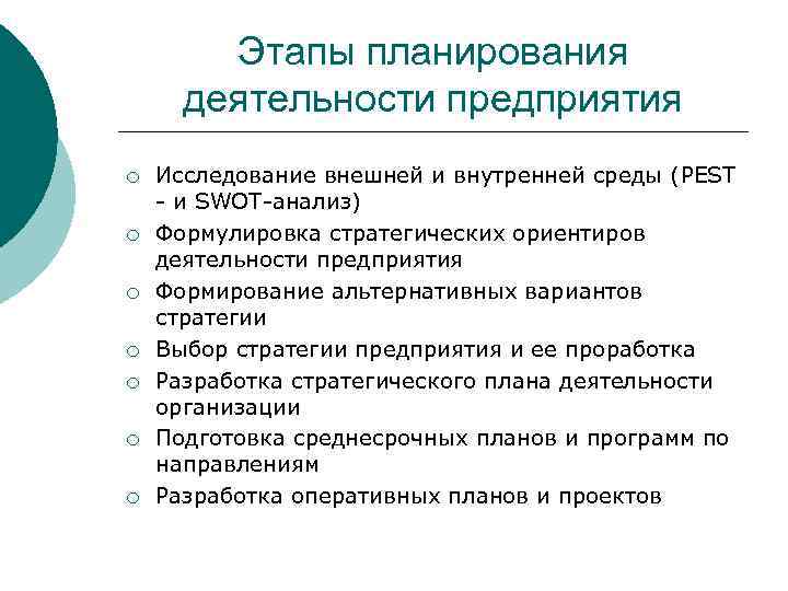 Этапы планирования деятельности предприятия ¡ ¡ ¡ ¡ Исследование внешней и внутренней среды (PEST