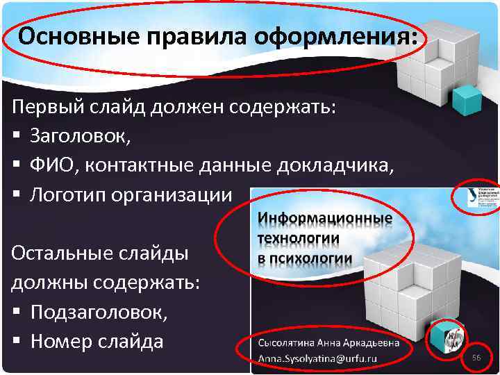 Основные правила оформления: Первый слайд должен содержать: § Заголовок, § ФИО, контактные данные докладчика,