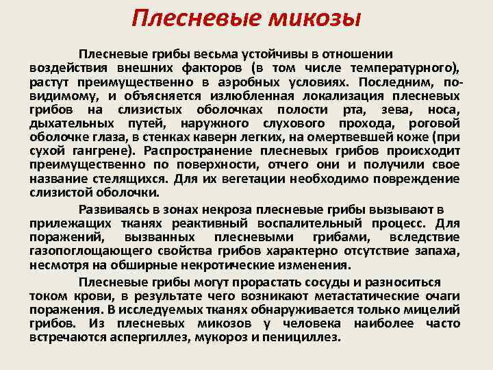 Плесневые микозы Плесневые грибы весьма устойчивы в отношении воздействия внешних факторов (в том числе
