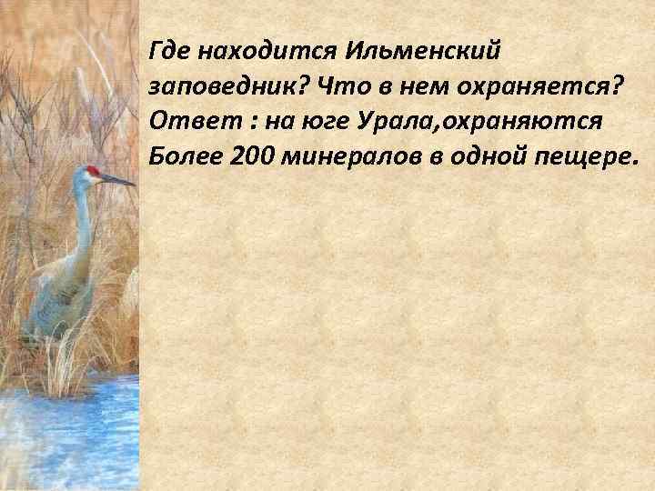 Где находится Ильменский заповедник? Что в нем охраняется? Ответ : на юге Урала, охраняются