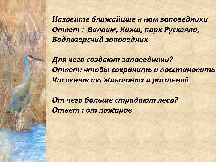 Назовите ближайшие к нам заповедники Ответ : Валаам, Кижи, парк Рускеяла, Водлозерский заповедник Для