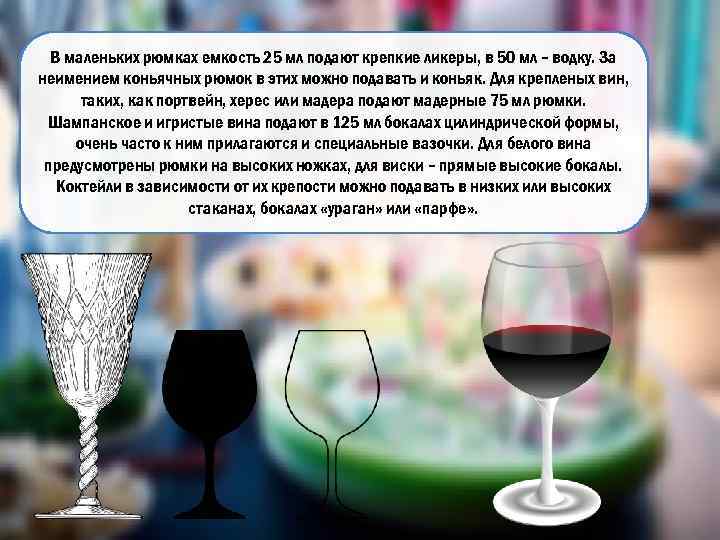 В маленьких рюмках емкость 25 мл подают крепкие ликеры, в 50 мл – водку.