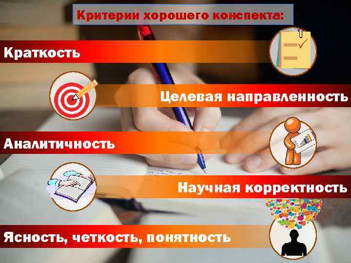 Критерии хорошего конспекта: Краткость Целевая направленность Аналитичность Научная корректность Ясность, четкость, понятность 