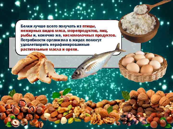 Белки лучше всего получать из птицы, нежирных видов мяса, морепродуктов, яиц, рыбы и, конечно