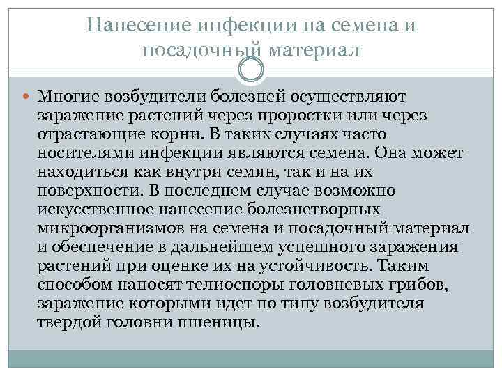 Нанесение инфекции на семена и посадочный материал Многие возбудители болезней осуществляют заражение растений через