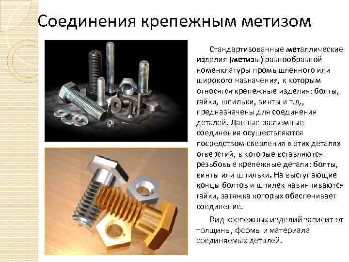 Соединения крепежным метизом Стандартизованные металлические изделия (метизы) разнообразной номенклатуры промышленного или широкого назначения, к