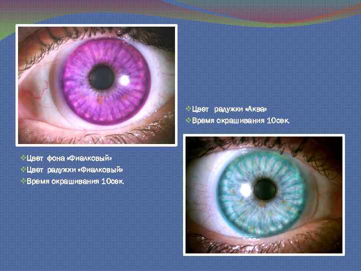 v. Цвет радужки «Аква» v. Время окрашивания 10 сек. v. Цвет фона «Фиалковый» v.