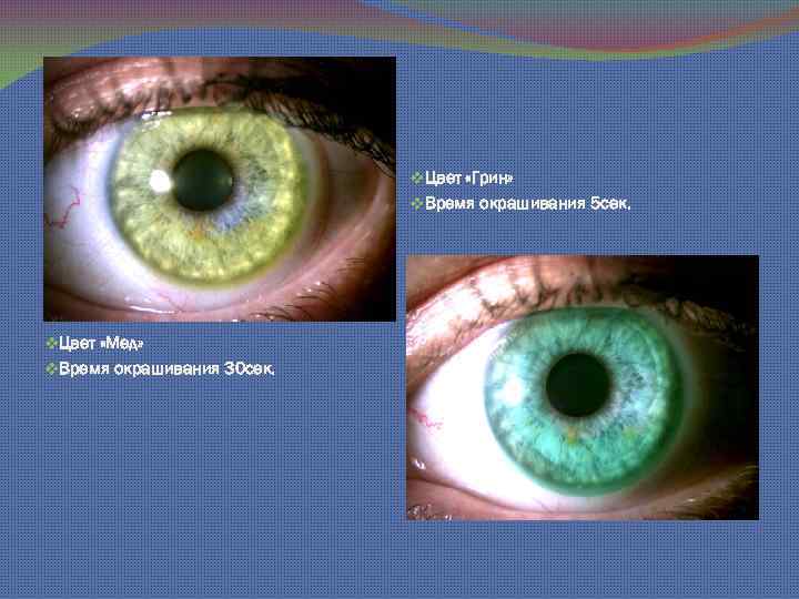 v. Цвет «Грин» v. Время окрашивания 5 сек. v. Цвет «Мед» v. Время окрашивания