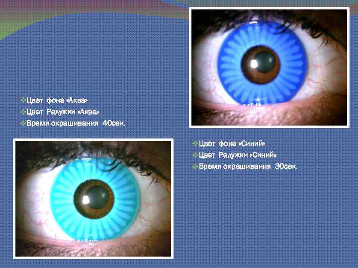 v. Цвет фона «Аква» v. Цвет Радужки «Аква» v. Время окрашивания 40 сек. v.