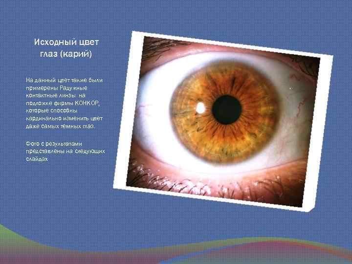 Исходный цвет глаз (карий) На данный цвет также были примерены Радужные контактные линзы на