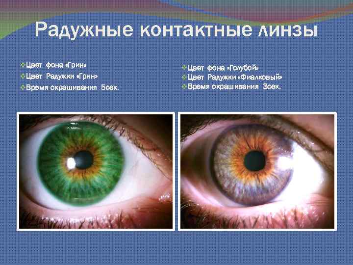 Радужные контактные линзы v. Цвет фона «Грин» v. Цвет Радужки «Грин» v. Время окрашивания