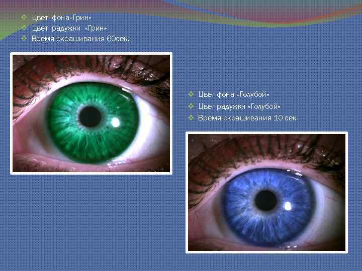 v Цвет фона «Грин» v Цвет радужки «Грин» v Время окрашивания 60 сек. v