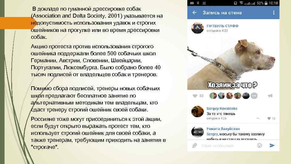  В докладе по гуманной дрессировке собак (Association and Delta Society, 2001) указывается на