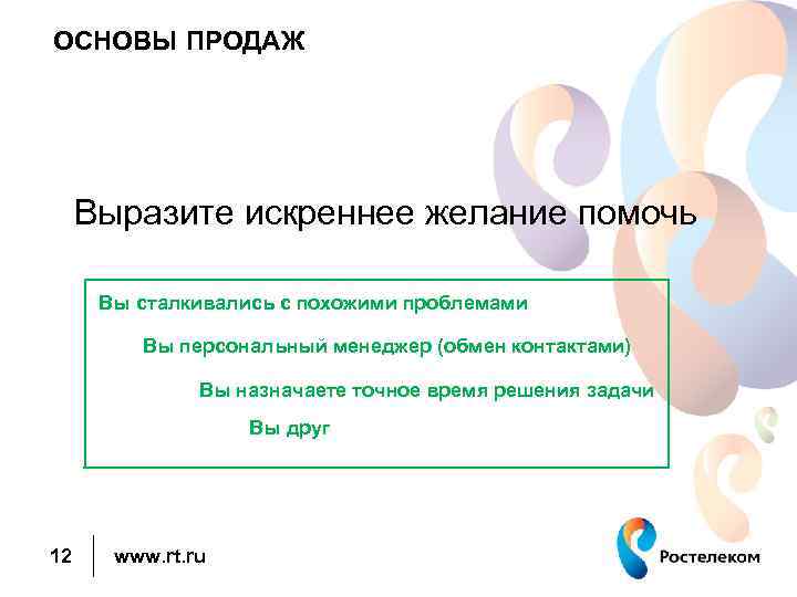 ОСНОВЫ ПРОДАЖ Выразите искреннее желание помочь Вы сталкивались с похожими проблемами Вы персональный менеджер