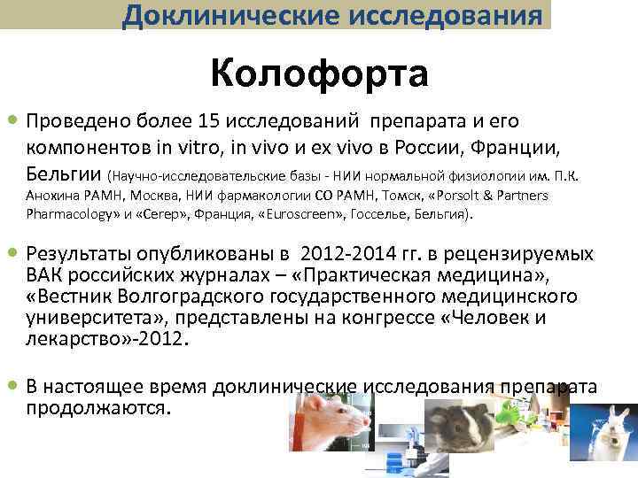Доклинические исследования Колофорта Проведено более 15 исследований препарата и его компонентов in vitro, in