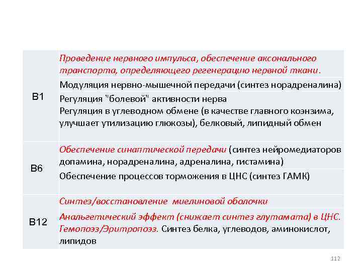 Витамины группы В. Фармакологическое действие В 1 В 6 Проведение нервного импульса, обеспечение аксонального