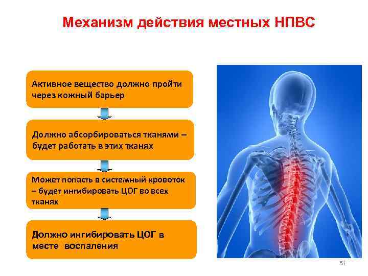  Механизм действия местных НПВС Активное вещество должно пройти через кожный барьер Должно абсорбироваться