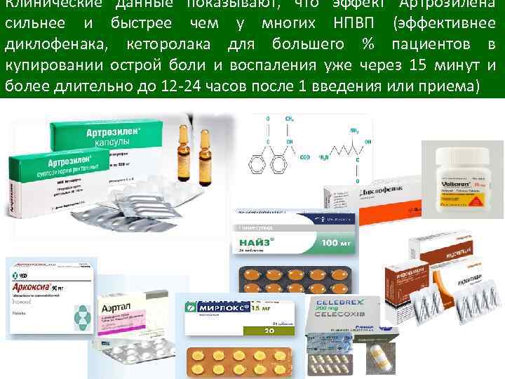 Клинические данные показывают, что эффект Артрозилена сильнее и быстрее чем у многих НПВП (эффективнее