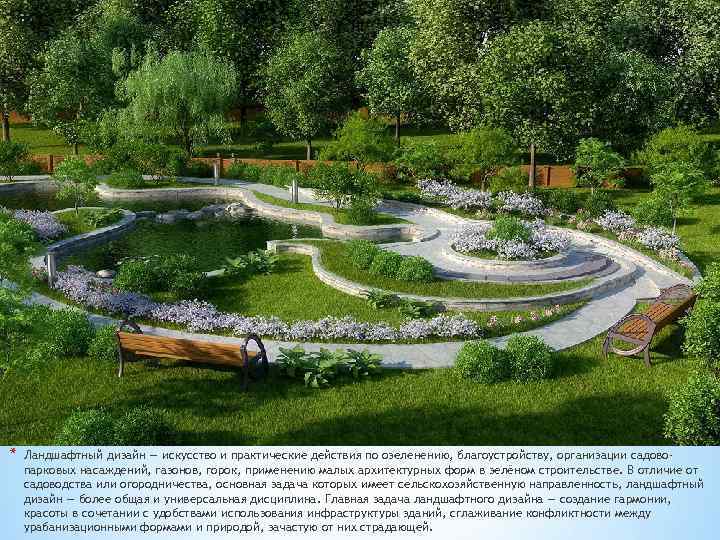 * Ландшафтный дизайн — искусство и практические действия по озеленению, благоустройству, организации садовопарковых насаждений,