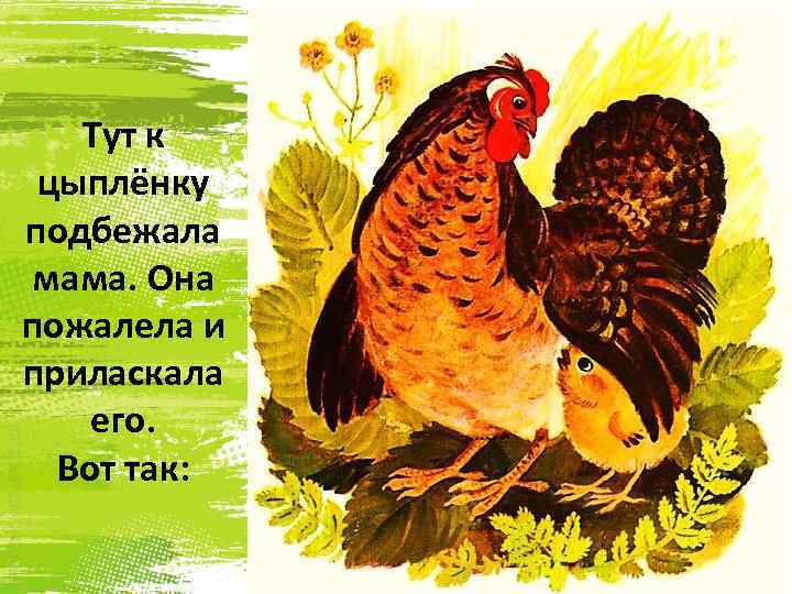 Тут к цыплёнку подбежала мама. Она пожалела и приласкала его. Вот так: 