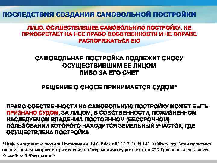 ЛИЦО, ОСУЩЕСТВИВШЕЕ САМОВОЛЬНУЮ ПОСТРОЙКУ, НЕ ПРИОБРЕТАЕТ НА НЕЕ ПРАВО СОБСТВЕННОСТИ И НЕ ВПРАВЕ РАСПОРЯЖАТЬСЯ