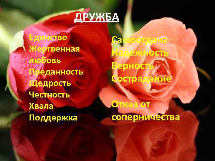 ДРУЖБА Единство Жертвенная любовь Преданность Щедрость Честность Хвала Поддержка Самоотдача Надежность Верность Сострадание Отказ