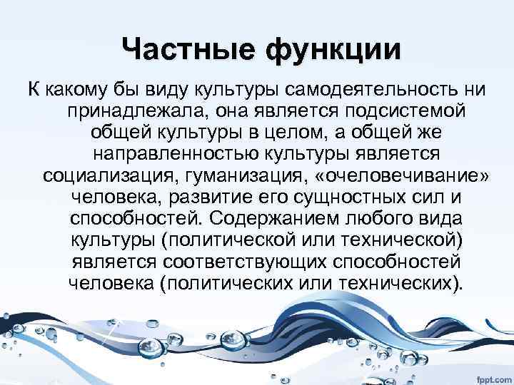 Частные функции К какому бы виду культуры самодеятельность ни принадлежала, она является подсистемой общей